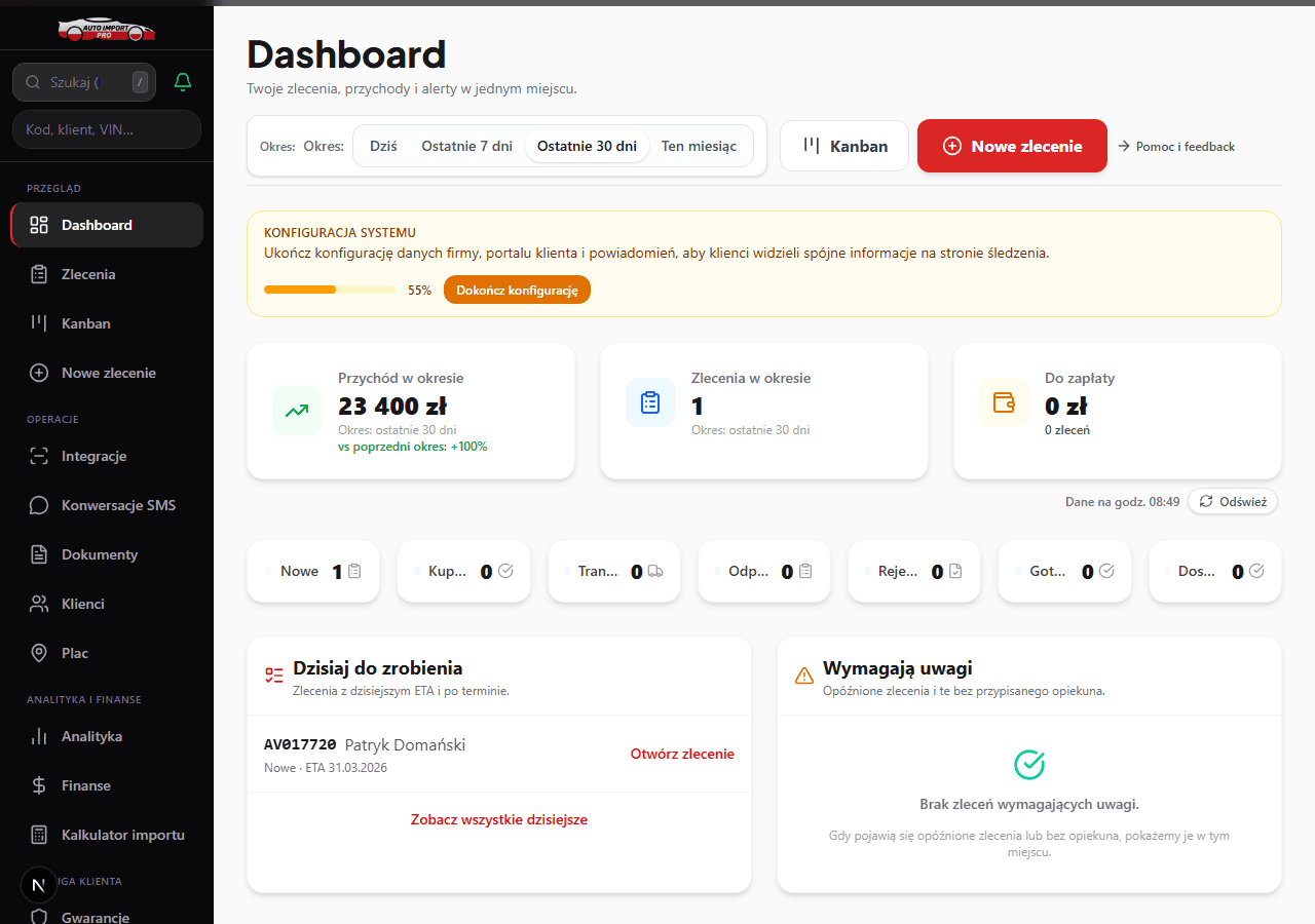 Podgląd panelu Auto Import Pro – dashboard ze zleceniami